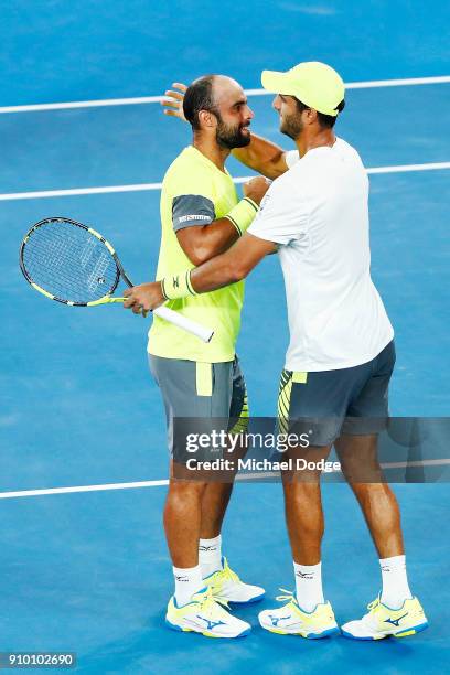 Juan Sebastian Cabal of Colombia and Robert Farah of Colombia celebrate their win in their semi-final match against Mike Bryan and Bob Bryan of the...