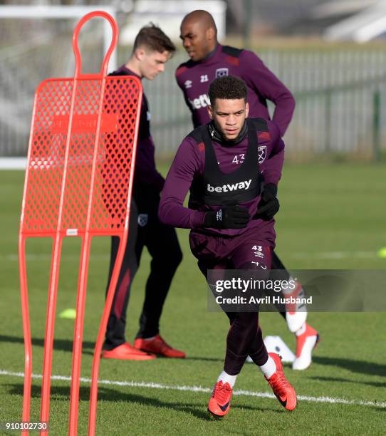 Marcus Browne of West Ham United goes through some drills during training at Rush Green on January 25, 2018 in Romford, England.