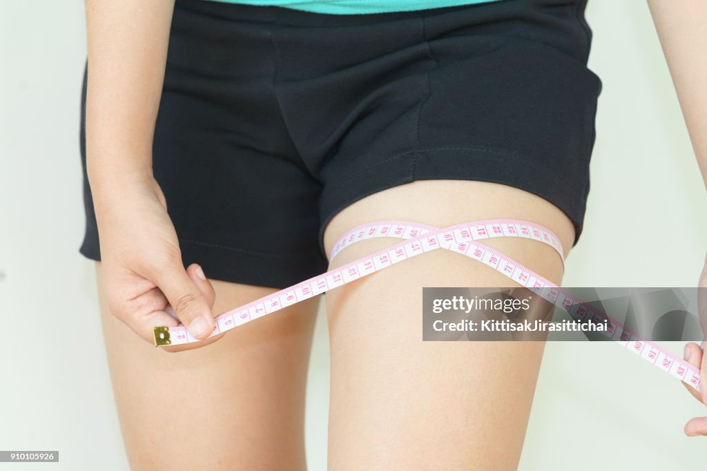 Close up of woman is measuring her thigh with measuring tape - fat concept