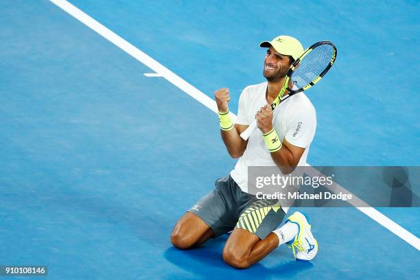 Robert Farah of Colombia, partnering Juan Sebastian Cabal of Colombia, celebrates their win in their semi-final match against Mike Bryan and Bob...