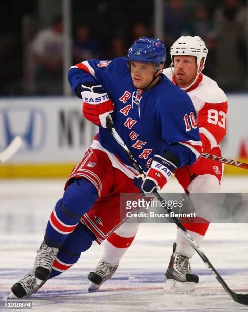 Marian Gaborik of the New York Rangers skates in his first game as a Ranger against the Detroit Red Wings during preseason action at Madison Square...