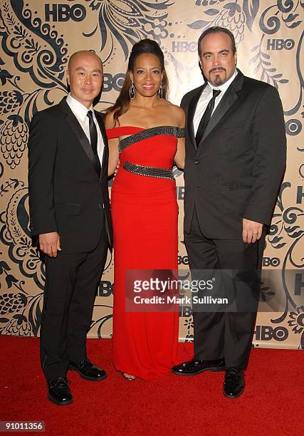 Actors C.S. Lee, Lauren Velez and David Zayas arrive at the HBO Post Emmy Awards Reception at the Pacific Design Center on September 20, 2009 in West...