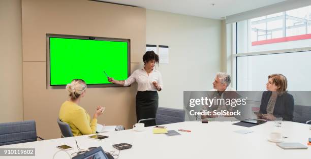 business meeting with a chroma key screen - computer monitor green screen stock pictures, royalty-free photos & images