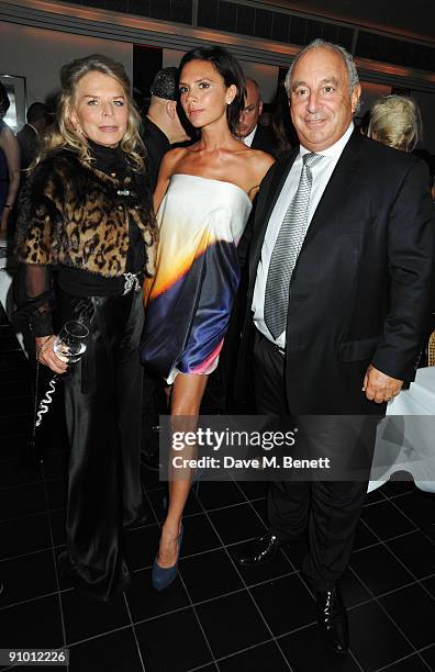 Tina Green, Victoria Beckham and Sir Philip Green attend the private dinner hosted by editor of British Vogue, Alexandra Shulman in association with...