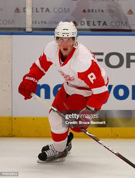 Justin Abdelkader of the Detroit Red Wings skates in warmups prior to the preseason game against the New York Rangers at Madison Square Garden on...