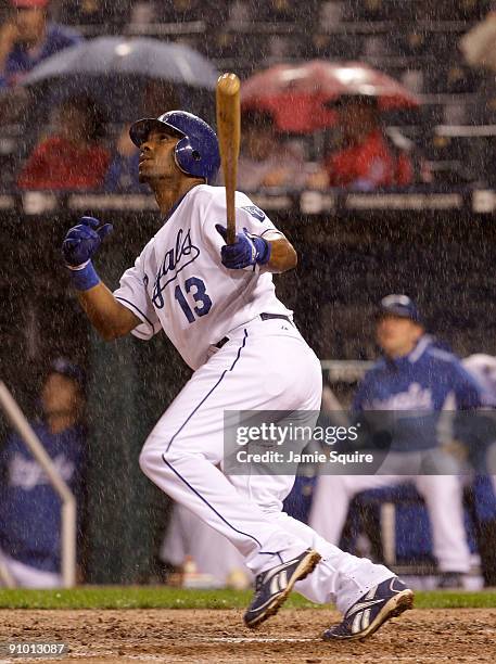 Alberto Callaspo of the Kansas City Royals connects during the 4th inning of the game against Boston Red Sox on September 21, 2009 at Kauffman...