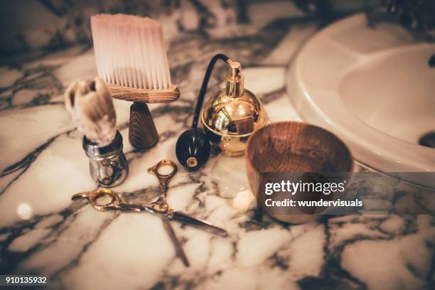 barber vintage tools for beard grooming on marble sink - aftershave stock pictures, royalty-free photos & images