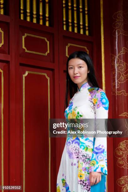 vietnamese woman in traditional dress - ao dai stockfoto's en -beelden