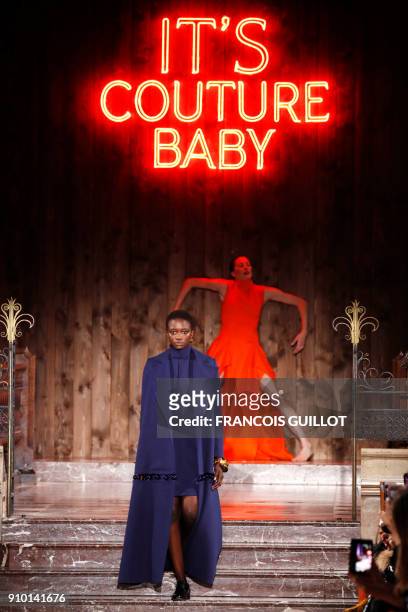 Model presents a creation for Maison Rabih Kayrouz during the 2018 spring/summer Haute Couture collection fashion show on January 25, 2018 in Paris.