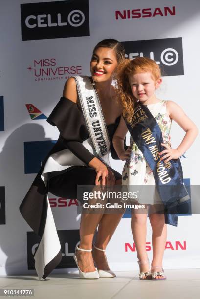 Miss Universe 2017 Demi-Leigh Nel-Peters with Tiny Miss World Marunique Meyer at the Cell C Connect Centre, Waterfall Campus on January 24, 2018 in...