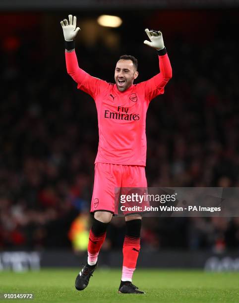 Arsenal goalkeeper David Ospina celebrates his side's second goal during the Carabao Cup semi final, second leg match at The Emirates Stadium, London
