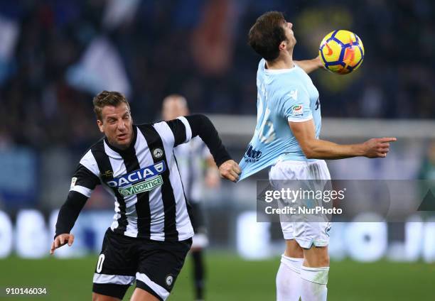 Maxi Lopez of Udinese and Stefan Radu of Lazio during the Serie A match between SS Lazio and Udinese Calcio on January 24, 2018 in Rome, Italy.