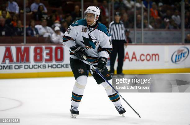Dany Heatley of the San Jose Sharks skates against the Anaheim Ducks during the preseason game at the Honda Center on September 21, 2009 in Anaheim,...