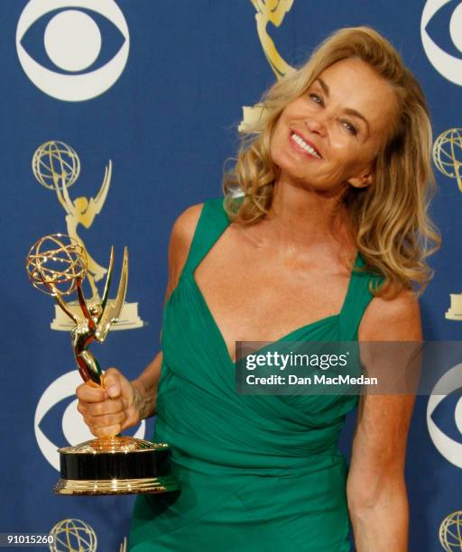 Jessica Lange poses with her award for Outstanding Lead Actress in a Miniseries or Movie for "Grey Gardens" in the press room at the 61st Primetime...