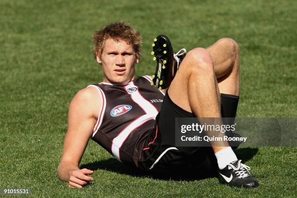 Sam Gilbert of the Saints stretches during a St Kilda Saints AFL training session at Linen House Oval on September 22, 2009 in Melbourne, Australia.