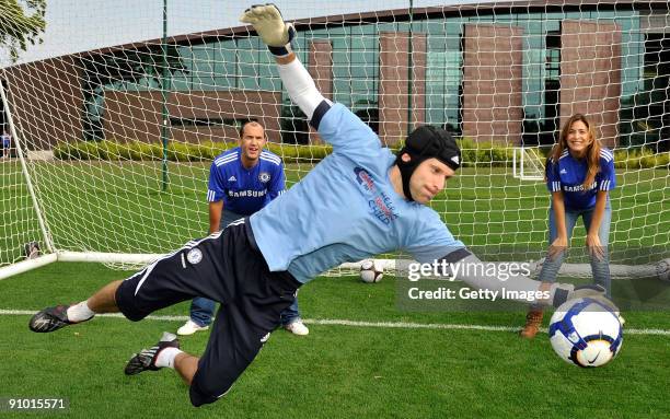 Petr Cech of Chelsea with Capital Radio's Lisa Snowdon and Johnny Vaughan during the launch of Chelsea FC's partnership with Capital Radio's charity...