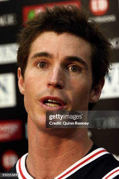 Lenny Hayes of the Saints speaks to the media before a St Kilda Saints AFL training session at Linen House Oval on September 22, 2009 in Melbourne,...