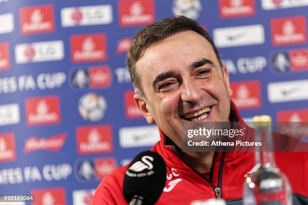 Manager Carlos Carvalhal speaks to members of the press during the Swansea City Training and Press Conference at The Fairwood Training Ground on...