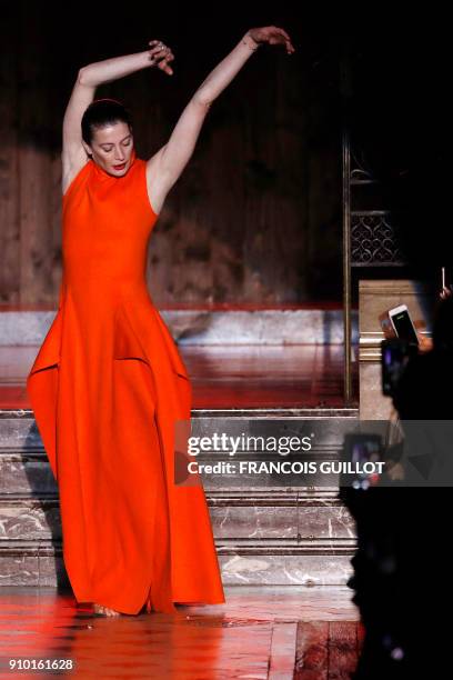 French dancer and choreographer Marie-Agnès Gillot performs during Maison Rabih Kayrouz' show during the 2018 spring/summer Haute Couture collection...