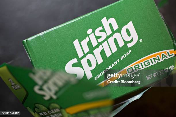 Package of Colgate-Palmolive Co. Irish Spring brand soap is arranged for a photograph in Tiskilwa, Illinois, U.S., on Wednesday, Jan. 24, 2018. The...