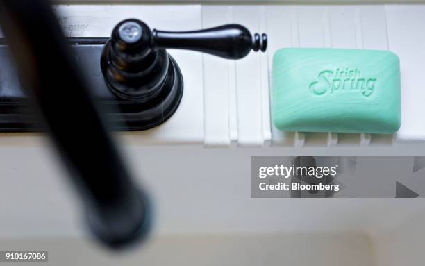 Bar of Colgate-Palmolive Co. Irish Spring brand soap is arranged for a photograph in Tiskilwa, Illinois, U.S., on Wednesday, Jan. 24, 2018. The...