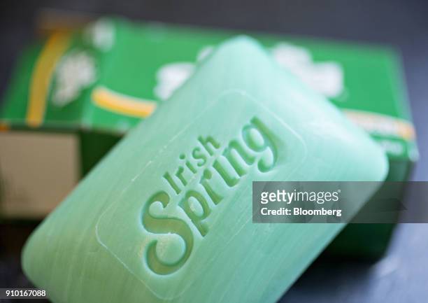 Bar of Colgate-Palmolive Co. Irish Spring brand soap is arranged for a photograph in Tiskilwa, Illinois, U.S., on Wednesday, Jan. 24, 2018. The...