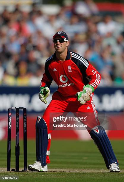 England wicketkeeper Matt Prior in action during the 7th NatWest ODI between England and Australia at The Riverside on September 20, 2009 in...