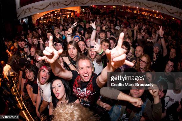 The crowd watch Steel Panther perform at Shepherds Bush Empire on September 16, 2009 in London, England.