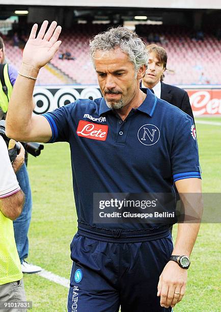 The coach of SSC Napoli Roberto Donadoni during the Serie A match between SSC Napoli v Udinese Calcio at Stadio San Paolo on September 19, 2009 in...