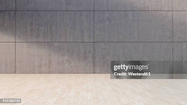 ilustraciones, imágenes clip art, dibujos animados e iconos de stock de empty room with concrete wall and wooden floor, 3d rendering - pared de cemento