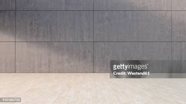 illustrazioni stock, clip art, cartoni animati e icone di tendenza di empty room with concrete wall and wooden floor, 3d rendering - muro