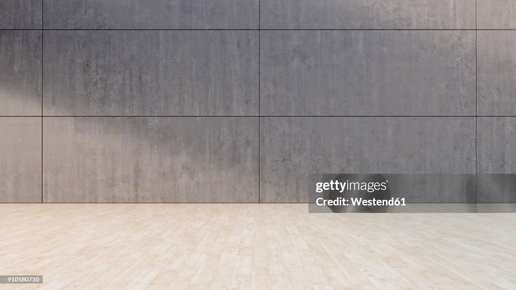 Empty room with concrete wall and wooden floor, 3D Rendering