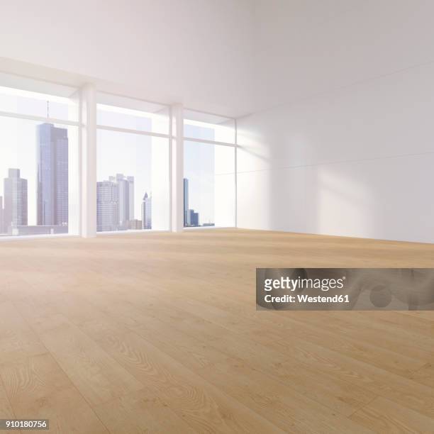 empty hall with plank flooring in a high rise, 3d rendering - halle gebäude stock-grafiken, -clipart, -cartoons und -symbole