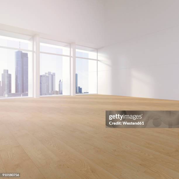 illustrazioni stock, clip art, cartoni animati e icone di tendenza di empty hall with plank flooring in a high rise, 3d rendering - interno appartamento