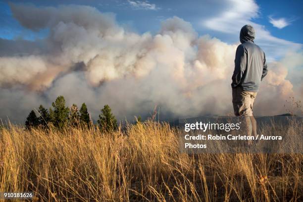 man watching lolo peak fire blow up in heavy winds from top of blue mountain near missoula, montana, usa - missoula stock pictures, royalty-free photos & images