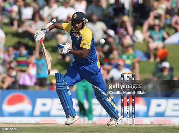 Sanath Jayasuriya of Sri Lanka plays into the off side during the ICC Champions Trophy Group B match between South Africa and Sri Lanka played at...