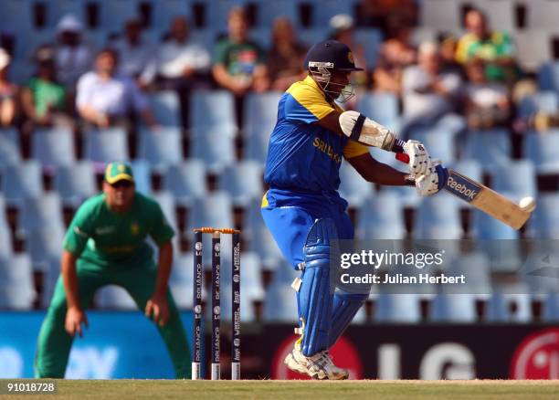 Sanath Jayasuriya of Sri Lanka hits out during The ICC Champions Trophy Group B match between South Africa and Sri Lanka played at Super Sport Park...