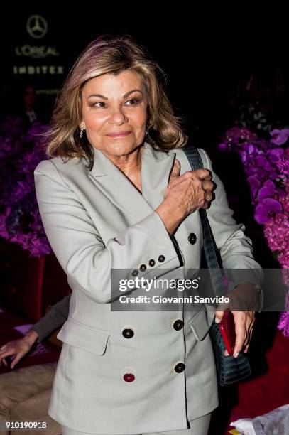 Cari Lapique is seen at the Jorge Vazquez show during the Mercedes-Benz Fashion Week Madrid Autumn/Winter 2018-19 at Ifema on January 25, 2018 in...