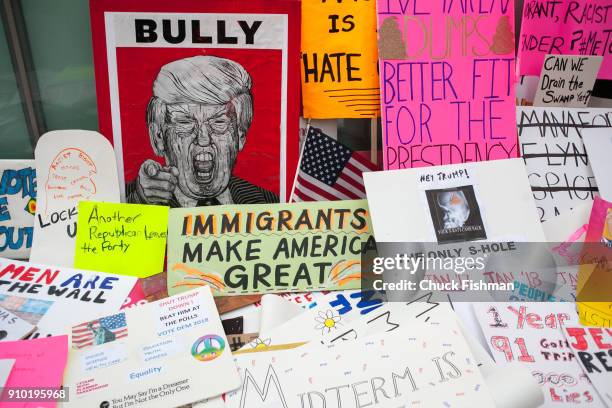 View of abandoned posters at a drop-off spot after Women's March on New York, New York, New York, January 20, 2018.