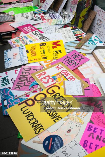 View of abandoned posters at a drop-off spot after Women's March on New York, New York, New York, January 20, 2018.