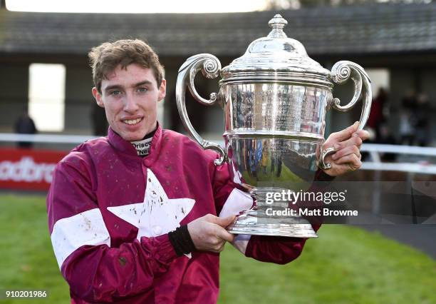 Kilkenny , Ireland - 25 Jan25 January 2018; Jack Kennedy with the Thyestes Cup after winning the Goffs Thyestes Handicap Steeplechase with Monbeg...