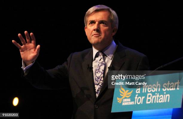 Liberal Democrat Chris Huhne, the party's home affairs spokesman delivers his key note speech at the Liberal Democrat Conference on September 22,...