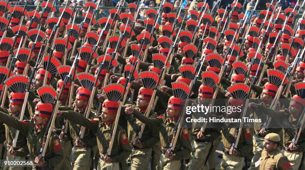 The Delhi Police marching contingents passes through the Rajpath during the full dress rehearsal for the Republic Day Parade-2008, in New Delhi.