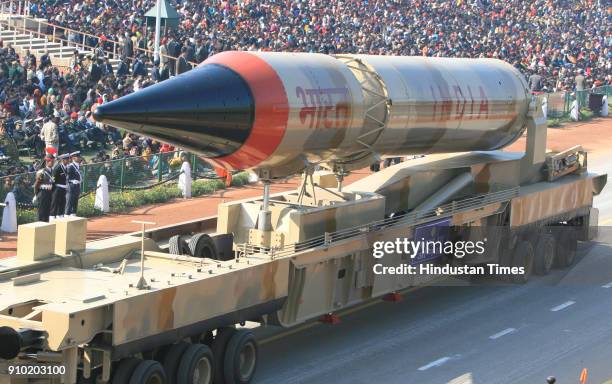 Agni III Missile passes through the Rajpath during the full dress rehearsal for the Republic Day Parade-2008, in New Delhi.
