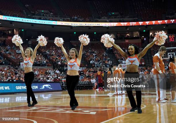 The Texas cheerleaders perform during the game between the Texas Longhorns and the Iowa State Cyclones at the Frank Erwin Center on January 22, 2018...