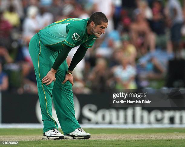 Wayne Parnell of South Africa looks on after taking a wicket from a no ball during the ICC Champions Trophy Group B match between South Africa and...