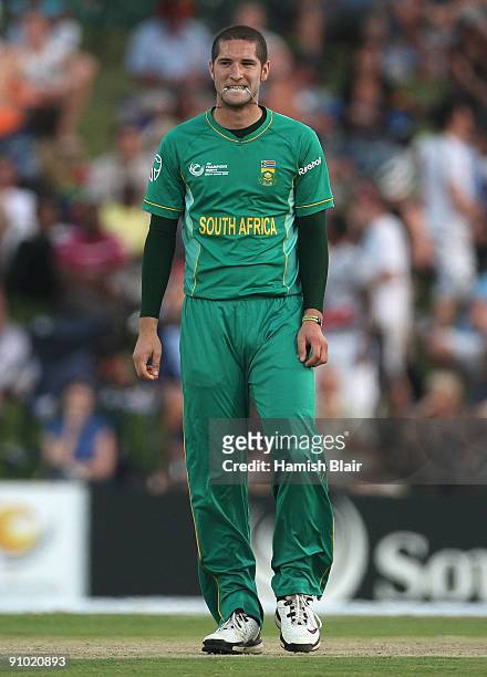 Wayne Parnell of South Africa looks on after taking a wicket from a no ball during the ICC Champions Trophy Group B match between South Africa and...