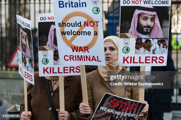 Anti-war campaigners gather at Whitehall outside Downing Street to demand a cancellation of the Saudi Crown Prince Mohammad bin Salman's visit to...