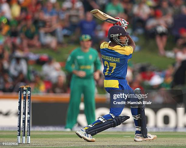 Mahela Jayawardene of Sri Lanka hits a six during the ICC Champions Trophy Group B match between South Africa and Sri Lanka played at Super Sport...