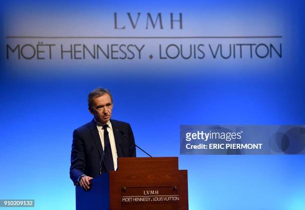 French luxury group LVMH Chairman and Chief Executive Officer Bernard Arnault presents the annual results for 2017 at the LVMH headquarters in Paris,...
